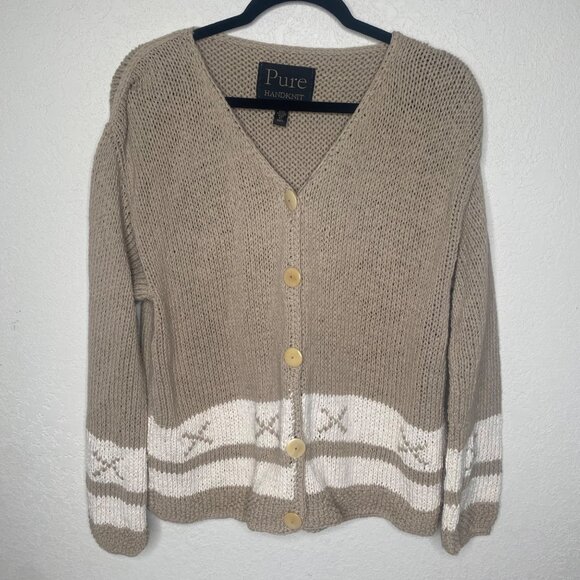 Pure Handknit Knit Chunky Cardigan Sweater Womens L/XL Beige Brown Thick Cotton - Picture 1 of 6